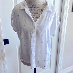 EUC Per Se 100% Rayon white short cuffed sleeve button down gold palm trees L